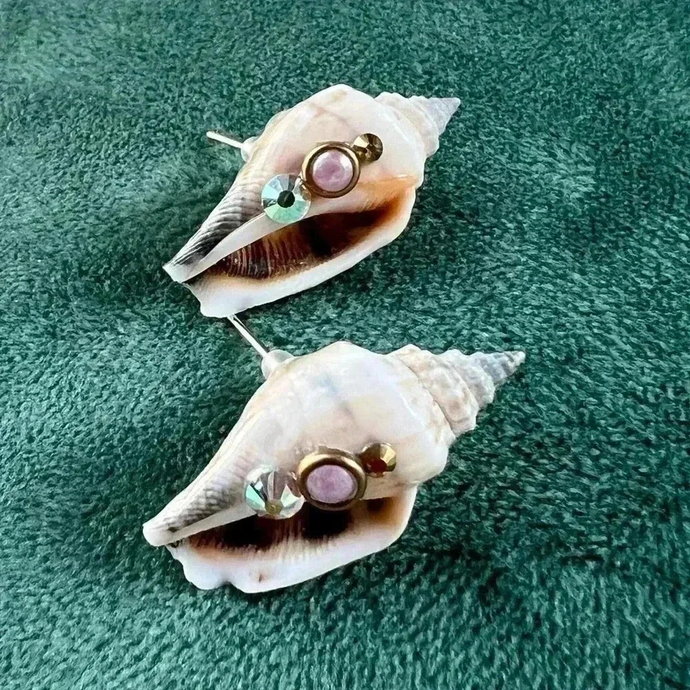 Real Seashell Earrings with rhinestones, handmade by local artist, beachy boho